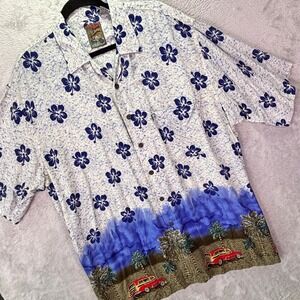 Pineapple Connection Mens Shirt Blue White Floral Woody Car Sz XL Tall Hawaiian